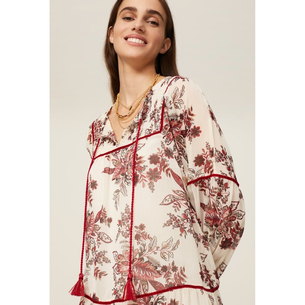 Great Jones Cream Floral Print Long Sleeve Tiered Mini Dress Women's M - Picture 3 of 7